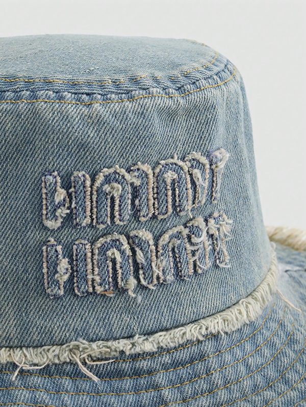 1pc Unisex Vintage Washed Frayed Edge Embroidered English Letter Drawstring Bucket Hat, Suitable For Couples, Outdoor Sports, Traveling And Daily Use - Image 2
