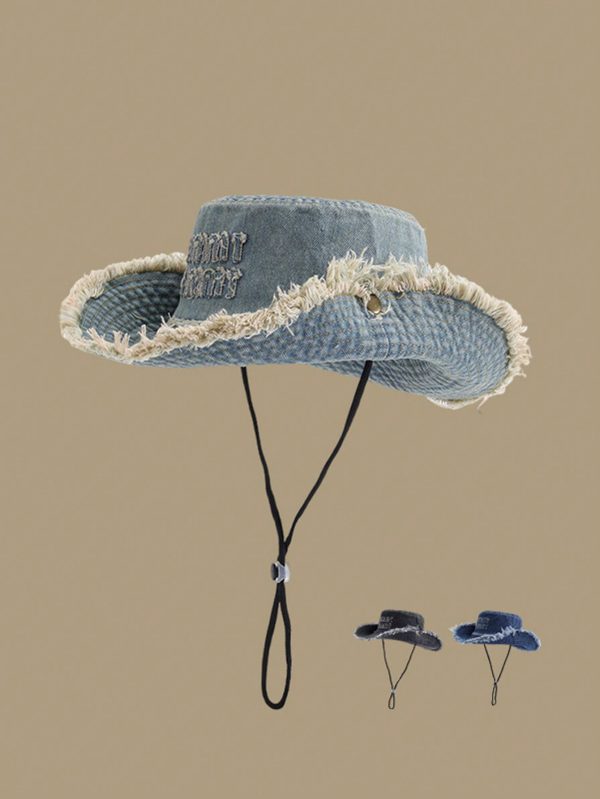 1pc Unisex Vintage Washed Frayed Edge Embroidered English Letter Drawstring Bucket Hat, Suitable For Couples, Outdoor Sports, Traveling And Daily Use