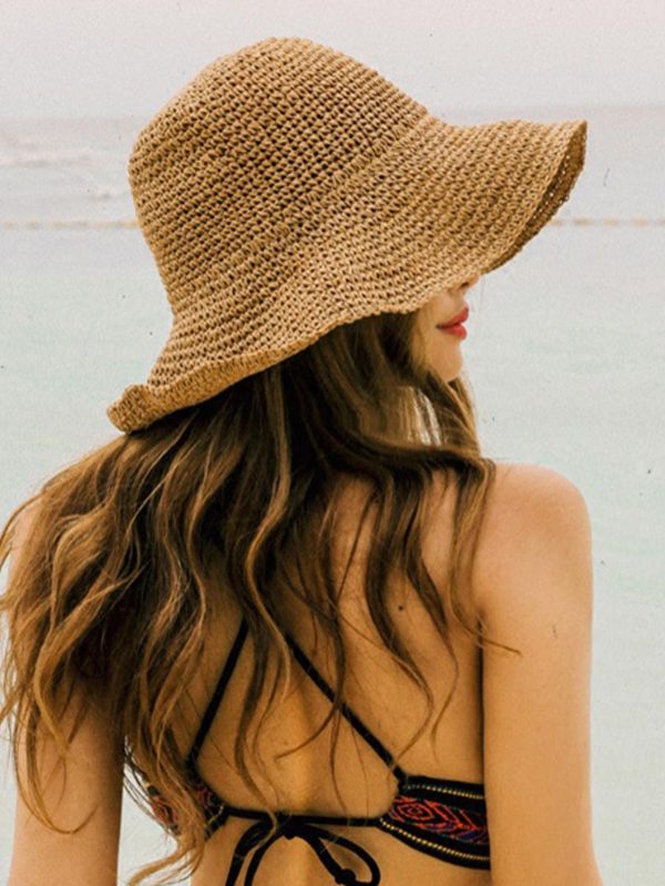1pc Foldable Straw Hat For Women, Sun Hat For Summer Beach Trips, Sun Protection Hat, Korean Style Vacation Hat Boho - Image 5