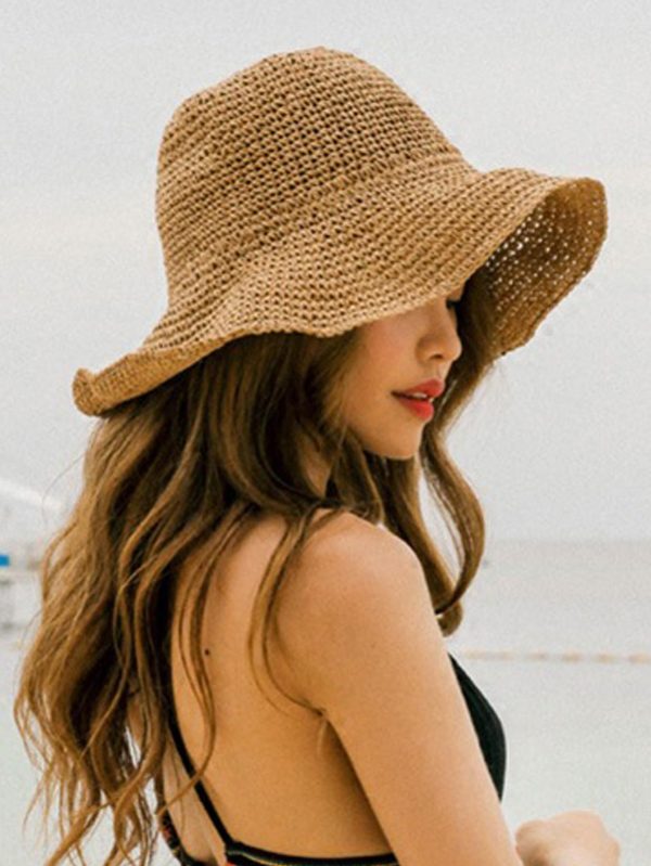 1pc Foldable Straw Hat For Women, Sun Hat For Summer Beach Trips, Sun Protection Hat, Korean Style Vacation Hat Boho