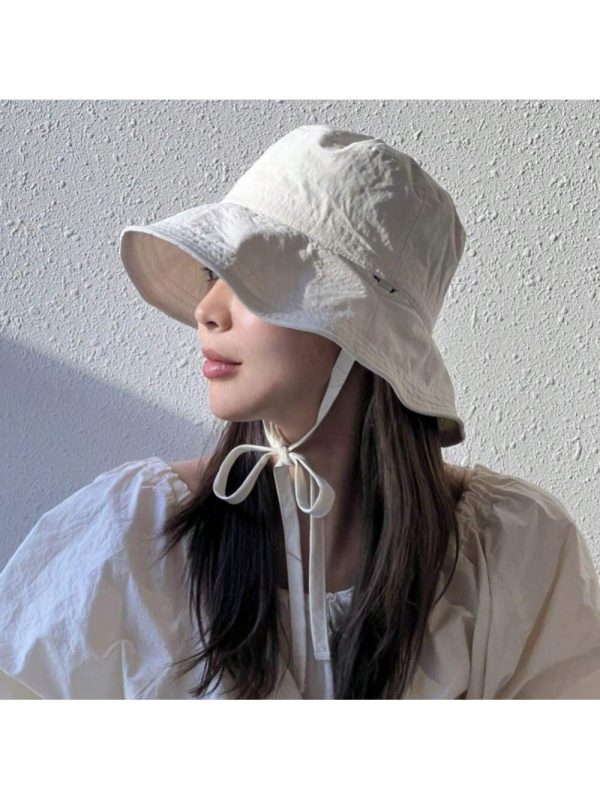 1Pc Lace-Up Bucket Hat Summer Light Thin Casual Outdoor Windbreak Rope Sunshade Basin Hat Ins Sunscreen Hat