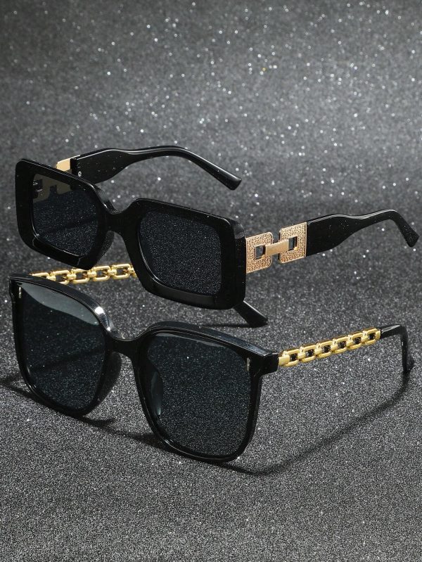 2 Pairs Unisex Black Square Frame Sunglasses With Chain Decoration, Perfect For Daily Wear, Beach Vacation, Outdoor Travel And Street Photography. Available In Multiple Colors To Choose From. Beach Accessories For Women Glasses Shades