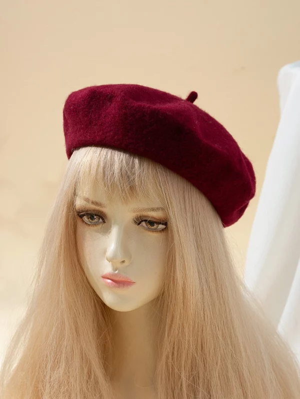 Solid Color Wool Beret With Flat Top, Japanese Style & Elegant, Suitable For Daily Wear