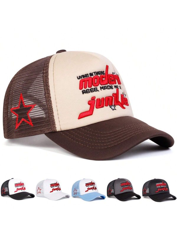 Men's 5-Pointed Star Baseball Cap, Outdoor Casual Letter Trucker Hat, Breathable Mesh Sun Hat For Travel.