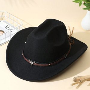 1pc Men Cattle Head & Belt Decor Boho Cowgirl Hat Cowboy Hat