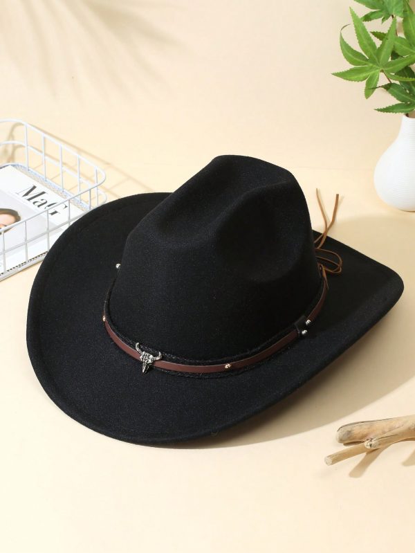 1pc Men Cattle Head & Belt Decor Boho Cowgirl Hat Cowboy Hat